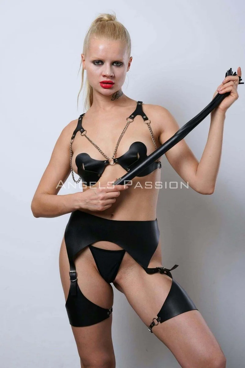 Black faux leather intimate fashion harness set worn