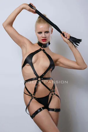 Black Vegan Leather Full Body Harness with Thigh Straps and Choker Collar