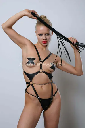 Black Faux Leather Full Body Harness with Chain Detail