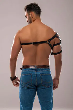 Black Faux Leather Asymmetrical Shoulder Harness with Arm Strap
