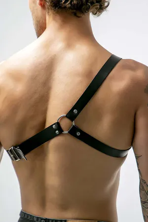 Black Faux Leather Asymmetrical Chest Harness with Single Shoulder Strap