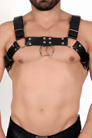 Black Faux Leather Chest Harness O-Ring Studs Men