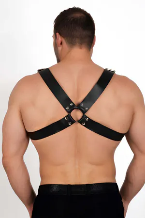 Black Faux Leather Chest Harness O-Ring Studs Men