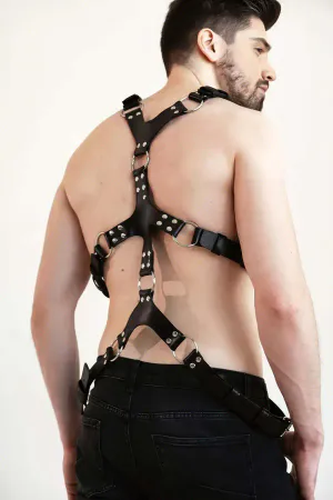 Black faux leather full body harness with adjustable straps and O-rings
