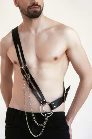 Black faux leather body harness with silver O-ring and chain accent