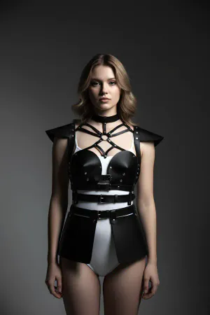 Black faux leather full body harness with sculpted skirt and shoulder pads
