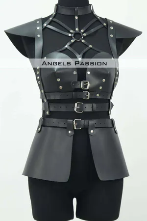 Black faux leather full body harness with sculpted skirt and shoulder pads