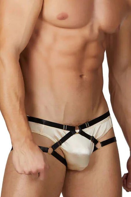 Champagne satin harness brief close-up O-ring detail gold hardware