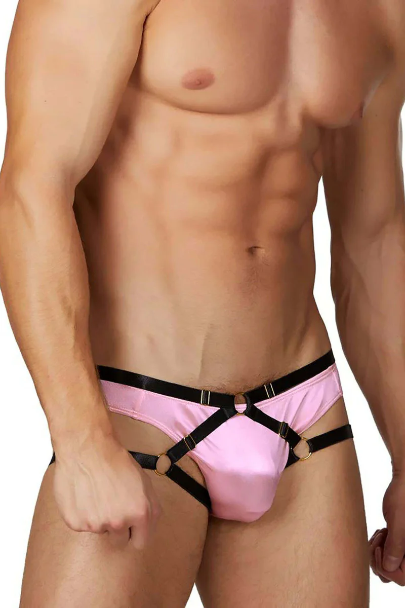 Back view of pink satin harness brief with O-ring accents.