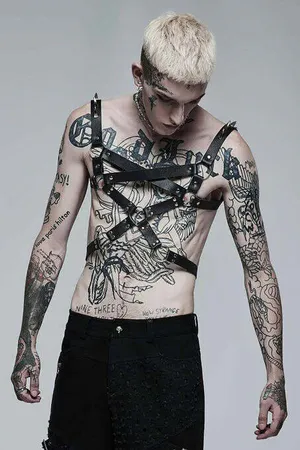 Black faux leather multi-strap chest harness for men with O-rings and spiked shoulder accents