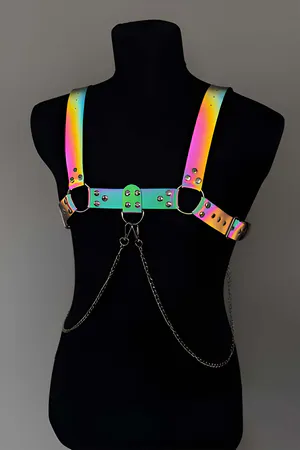 Holographic Reflective Chest Harness with Detachable Chain Silver Hardware