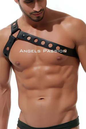 Black Perforated Vegan Leather Chest Harness and Cuff Set