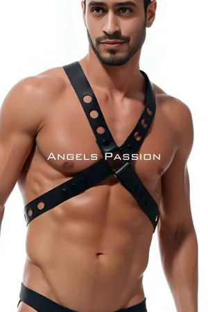 Black Faux Leather X-Strap Chest Harness with Round Perforated Details and Studs