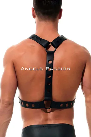 Black Faux Leather X-Strap Chest Harness with Round Perforated Details and Studs