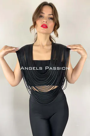 Black layered fringe shoulder harness crafted from faux leather