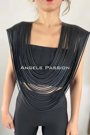 Black layered fringe shoulder harness crafted from faux leather