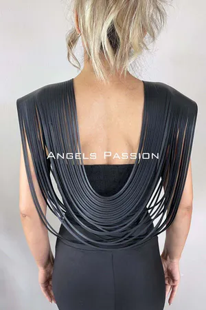 Black layered fringe shoulder harness crafted from faux leather
