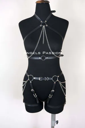 Black Faux Leather Full Body Harness with Silver Chain Accents, Front View