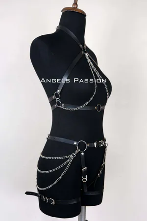 Black Faux Leather Full Body Harness with Silver Chain Accents, Front View