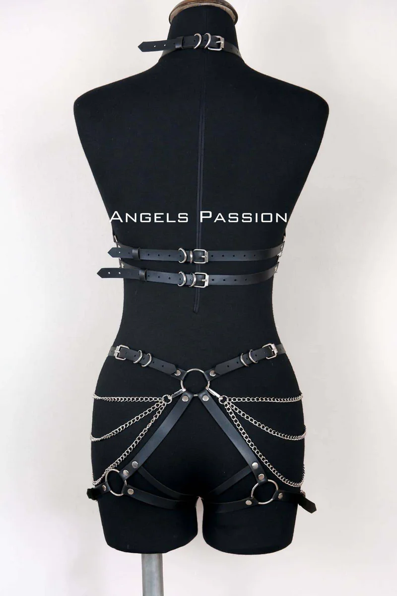 Vegan leather black body harness side view with