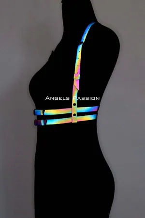 Reflective rainbow body harness with adjustable straps and silver buckles