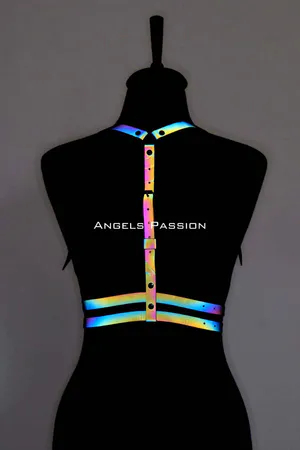 Reflective rainbow body harness with adjustable straps and silver buckles