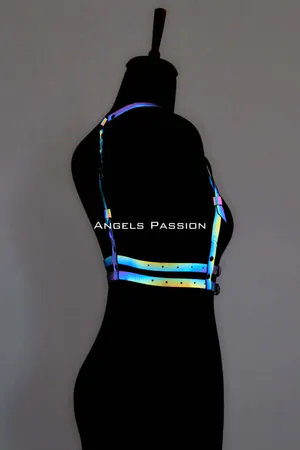 Reflective rainbow body harness with adjustable straps and silver buckles