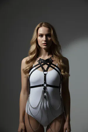 Black Faux Leather Strappy Full Body Harness with Cascading Silver Chains