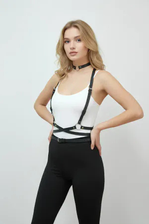 Siyah sentetik deri ayarlanabilir body harness ve choker seti kadınlar için