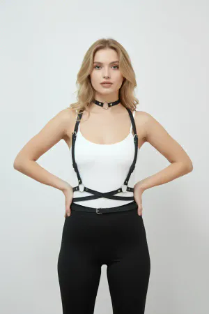Siyah sentetik deri ayarlanabilir body harness ve choker seti kadınlar için