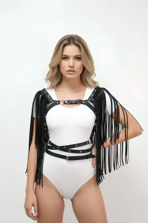 Black Faux Leather Cape Harness with Long Fringe Detail