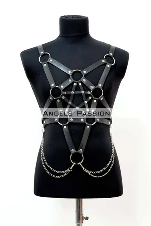 Black faux leather pentagram body harness with silver O-rings and chains