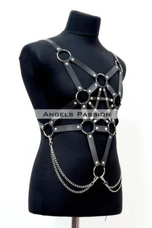 Black faux leather pentagram body harness with silver O-rings and chains