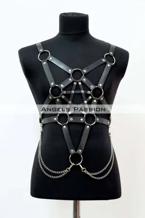 Black faux leather pentagram body harness with silver O-rings and chains