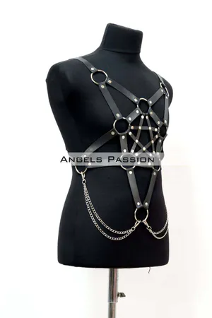 Black faux leather pentagram body harness with silver O-rings and chains