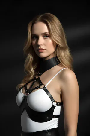 Black faux leather strappy choker body harness with O-ring detail