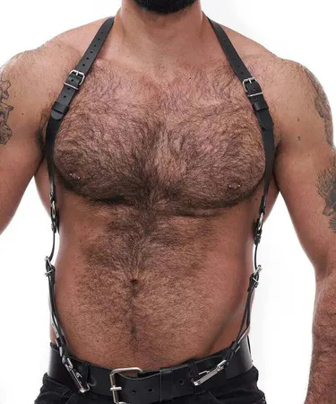 Black Faux Leather Adjustable Chest Harness Men