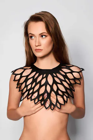 Black Faux Leather Leaf Cutout Statement Collar Fashion Accessory Front View