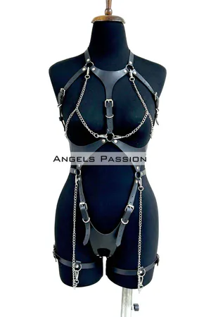 Black faux leather full body harness with integrated silver chains and detachable garters