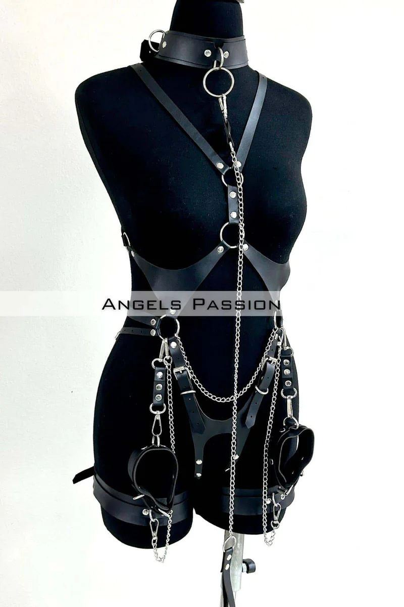 Black Vegan Leather Harness Set Waist Detail Chains