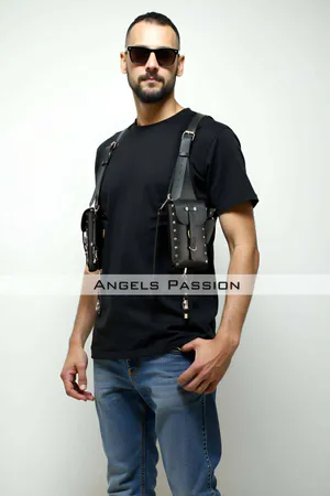 Black faux leather utility harness with dual pouches and silver rivet details