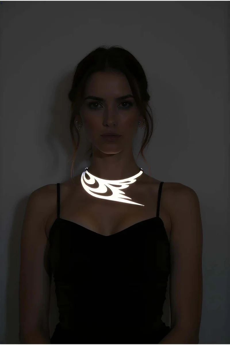 Reflective laser cut statement choker necklace on model