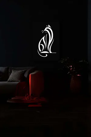 Reflektörlü Kedi Silüeti Siyah Zeminli Modern Dekoratif Tablo