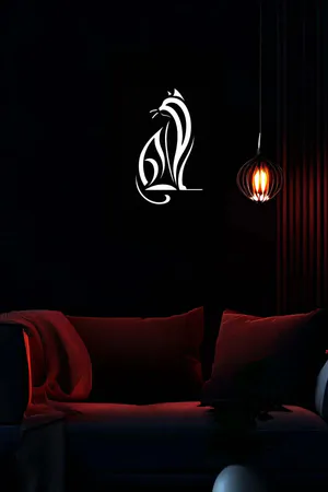 Reflektörlü Kedi Silüeti Siyah Zeminli Modern Dekoratif Tablo
