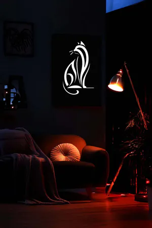 Reflektörlü Kedi Silüeti Siyah Zeminli Modern Dekoratif Tablo