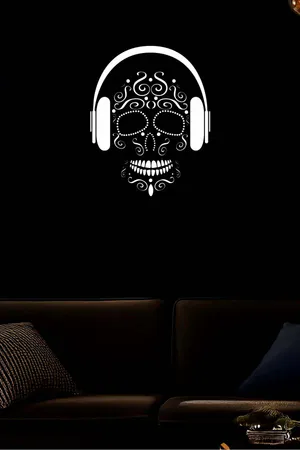 Reflective Sugar Skull Wall Art with Headphones Black Canvas Print White Design