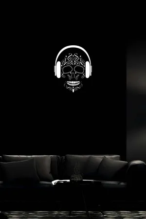 Reflective Sugar Skull Wall Art with Headphones Black Canvas Print White Design