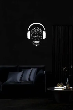 Reflective Sugar Skull Wall Art with Headphones Black Canvas Print White Design