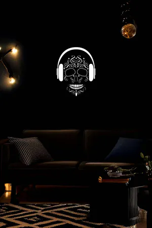 Reflective Sugar Skull Wall Art with Headphones Black Canvas Print White Design