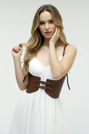 Brown Faux Leather Wide Underbust Harness Belt Dual Buckles